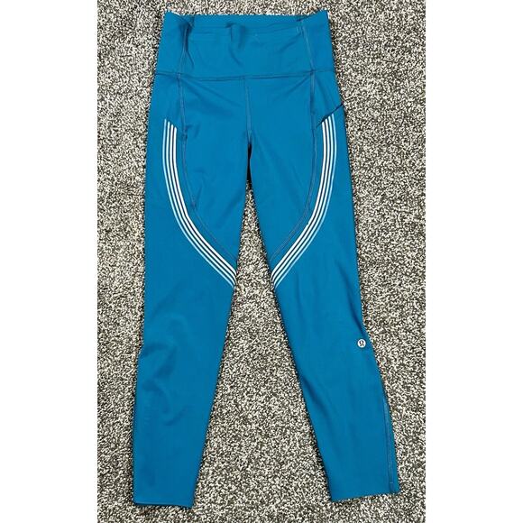 Lululemon Womens Speed Limit Leggings Size 4 Bermuda Teal Striped Length Altered - Picture 2 of 10